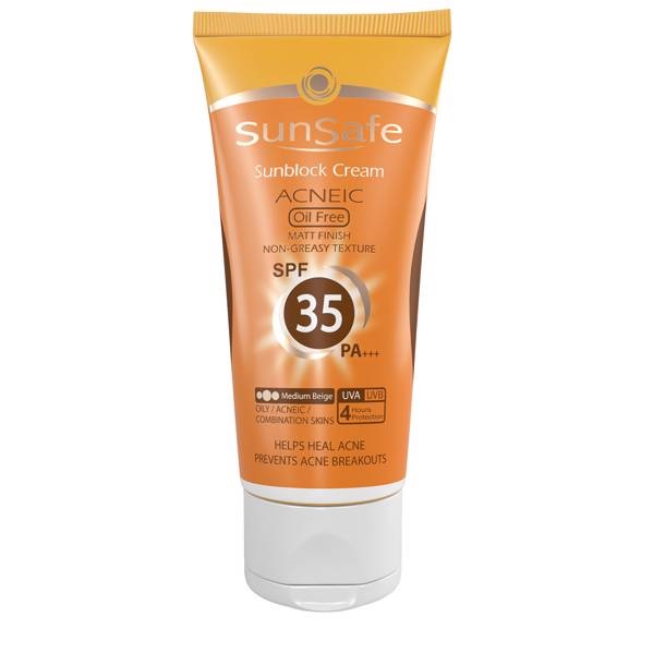 کرم ضد آفتاب SPF35 فاقد چربی مناسب پوست چرب و آکنه ای سان سیف (بژ متوسط)