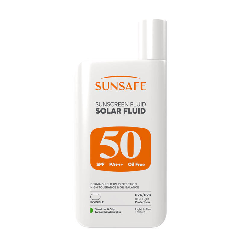 فلوئید ضد آفتاب +SPF50 مناسب پوست حساس چرب و مختلط سولار فلوئید سان سیف (بدون رنگ) 