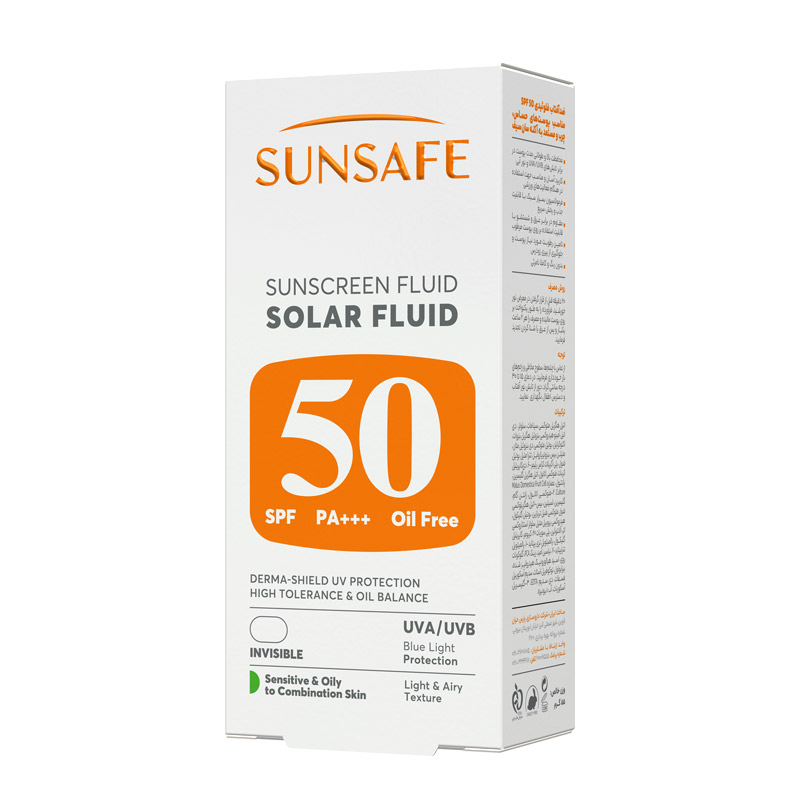 فلوئید ضد آفتاب +SPF50 مناسب پوست حساس چرب و مختلط سولار فلوئید سان سیف (بدون رنگ) 