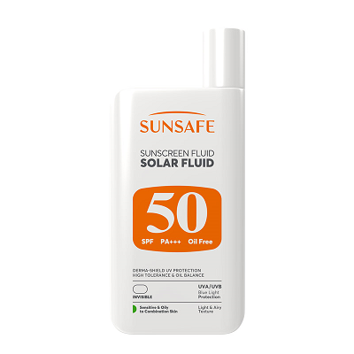 فلوئید ضد آفتاب +SPF50 مناسب پوست حساس چرب و مختلط سولار فلوئید سان سیف (بدون رنگ) 