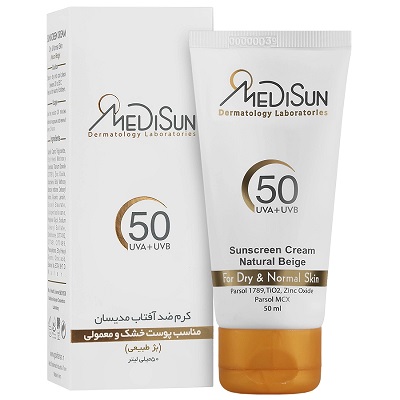 کرم ضد آفتاب SPF50 مناسب پوست خشک و معمولی مدیسان (بژ طبیعی)